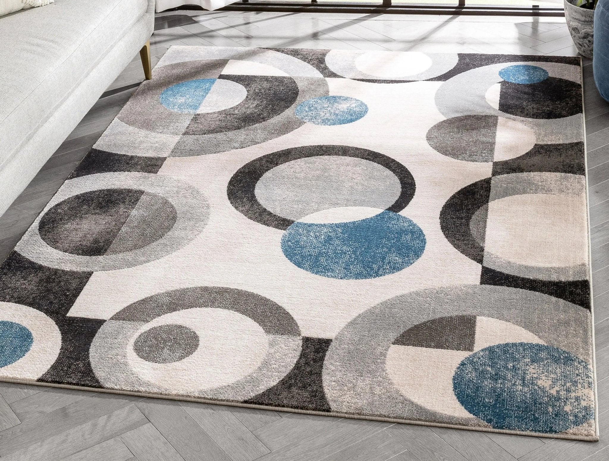 Avi Modern Geometric Grey Blue Rug Well Woven