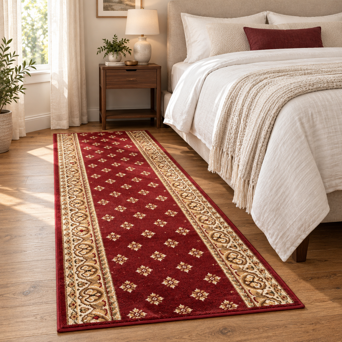 A long runner rug in deep red with ornate beige and gold patterns, placed on a wooden floor in a bright, modern bedroom next to a bed with white linens.
