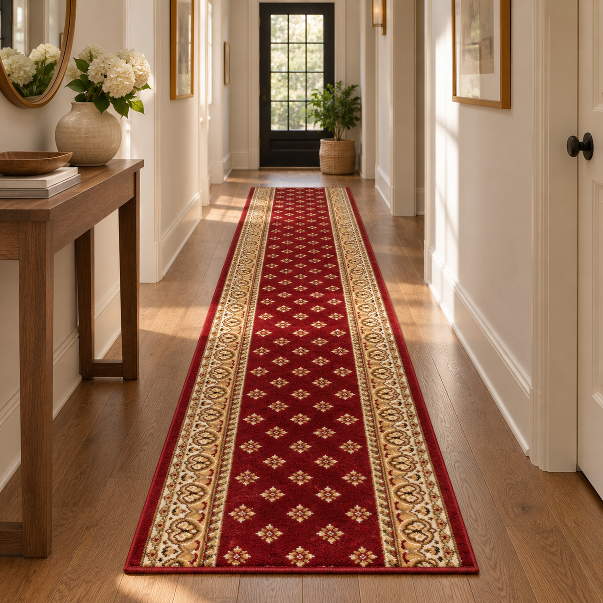 A long red runner rug with ornate beige and gold patterns is shown in a hallway with hardwood floors, white walls, framed art, and a console table.