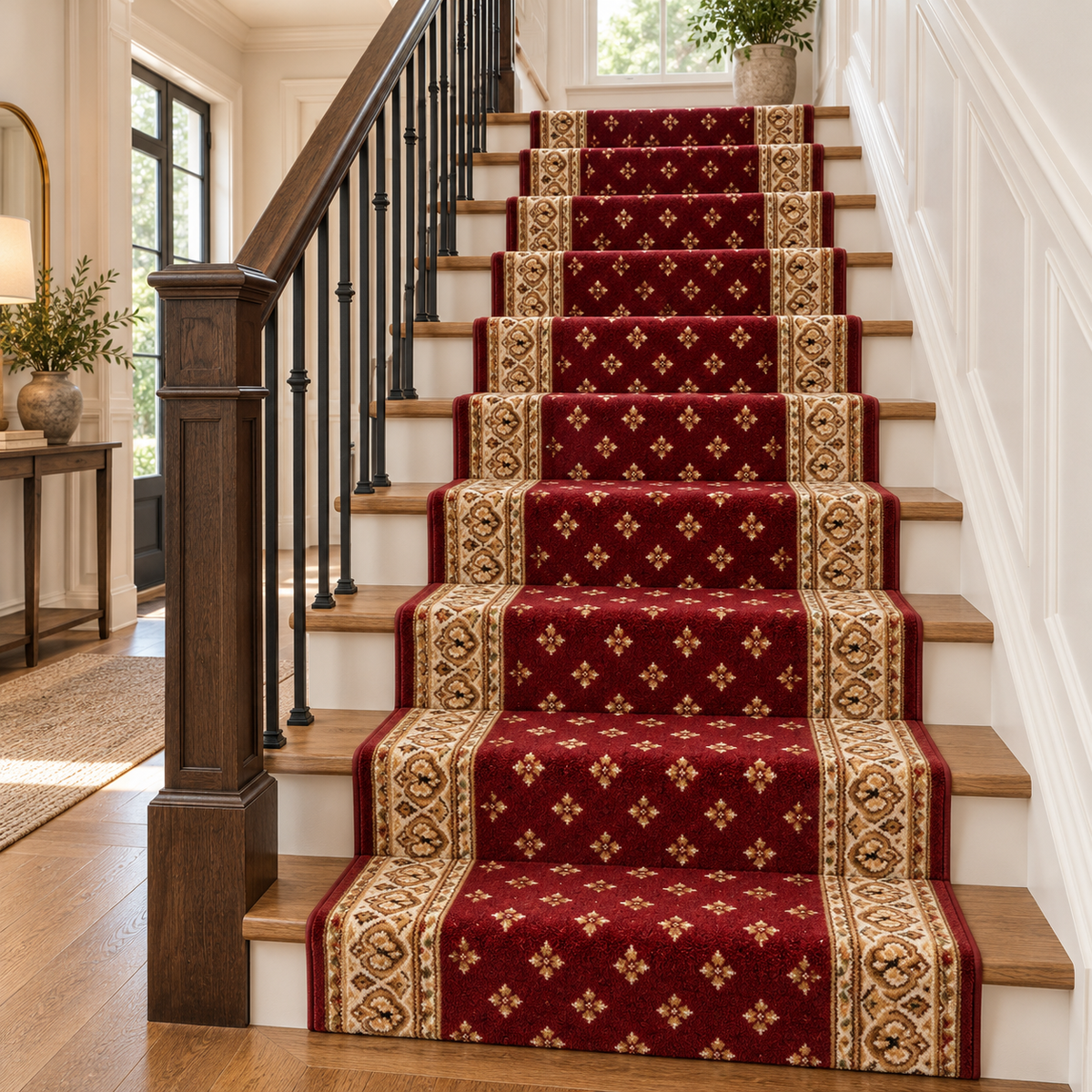A set of red carpet stair runners with ornate beige and gold floral patterns, installed on a wooden staircase in a bright, elegant home interior.