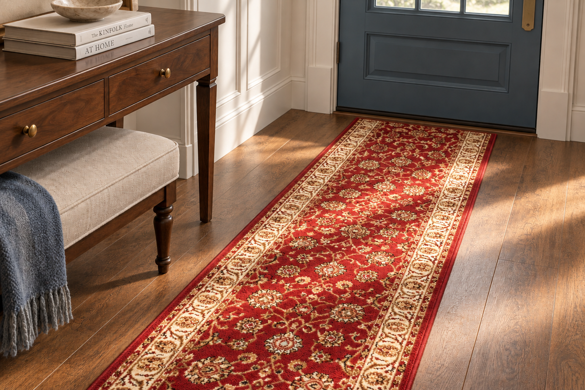 A long red runner rug with ornate beige floral and scroll patterns laid out on a hardwood floor in a bright entryway. A wooden console table, bench, blue door, and warm sunlight are visible around it.