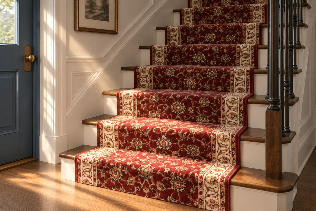 A set of red and beige patterned stair carpet runners installed on a wooden staircase in a bright, white-walled home entryway.