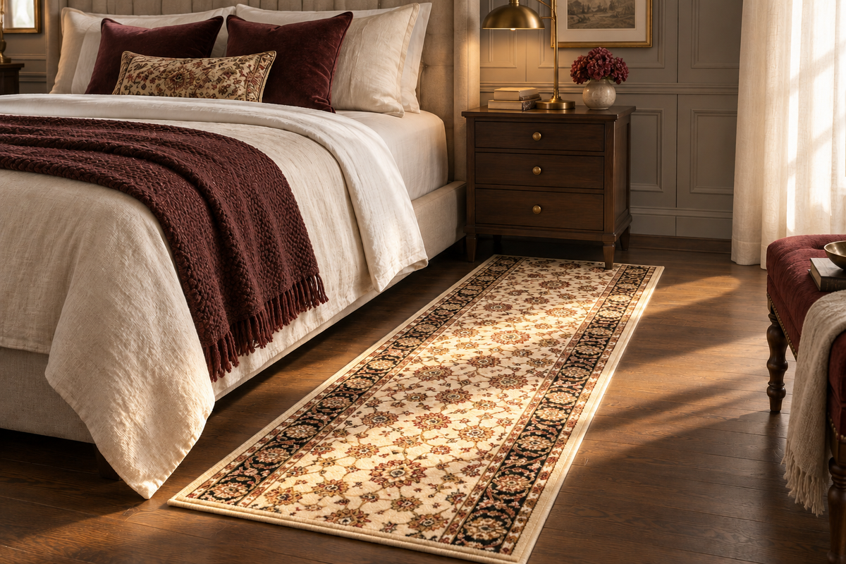 A long rectangular area rug with an ornate traditional floral pattern in beige, brown, and dark red, styled on a dark wood floor in a warm, sunlit bedroom next to a bed.