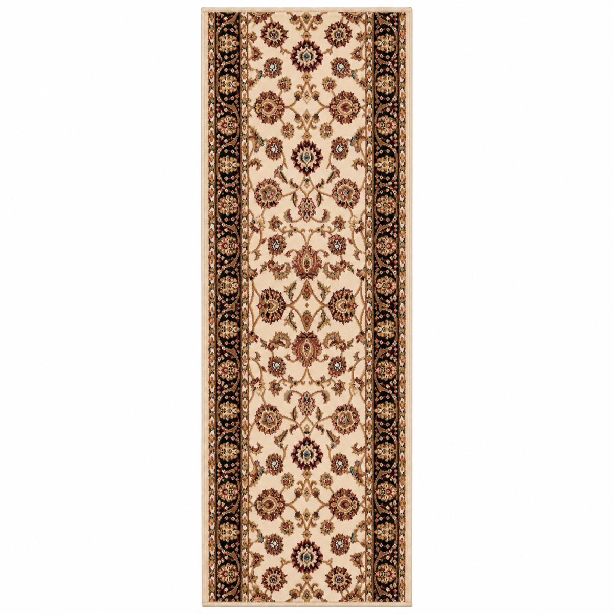 A traditional runner rug with an ornate floral pattern, featuring a beige center field, dark brown and black borders, and warm tan accents.