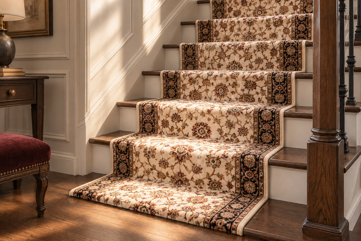 A set of traditional patterned stair carpet runners and matching stair mats shown installed on a wooden staircase in a home interior.