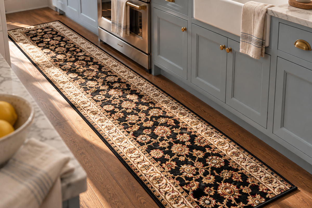 A long rectangular area rug with an ornate floral pattern in black, beige, and cream, shown on a hardwood kitchen floor between blue-gray cabinets.