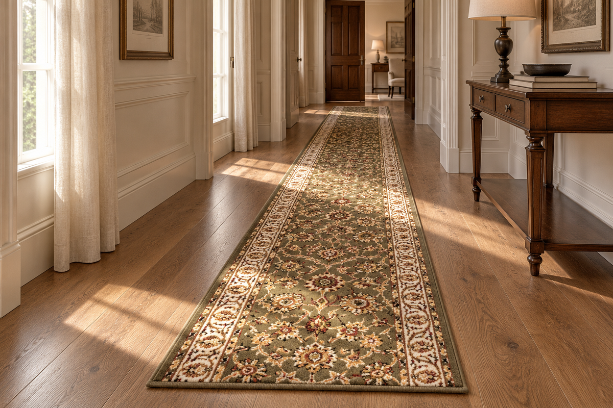 A long rectangular area rug with an ornate floral and geometric pattern in olive green, beige, and cream, shown on a hardwood floor in a bright hallway with sunlight streaming in.