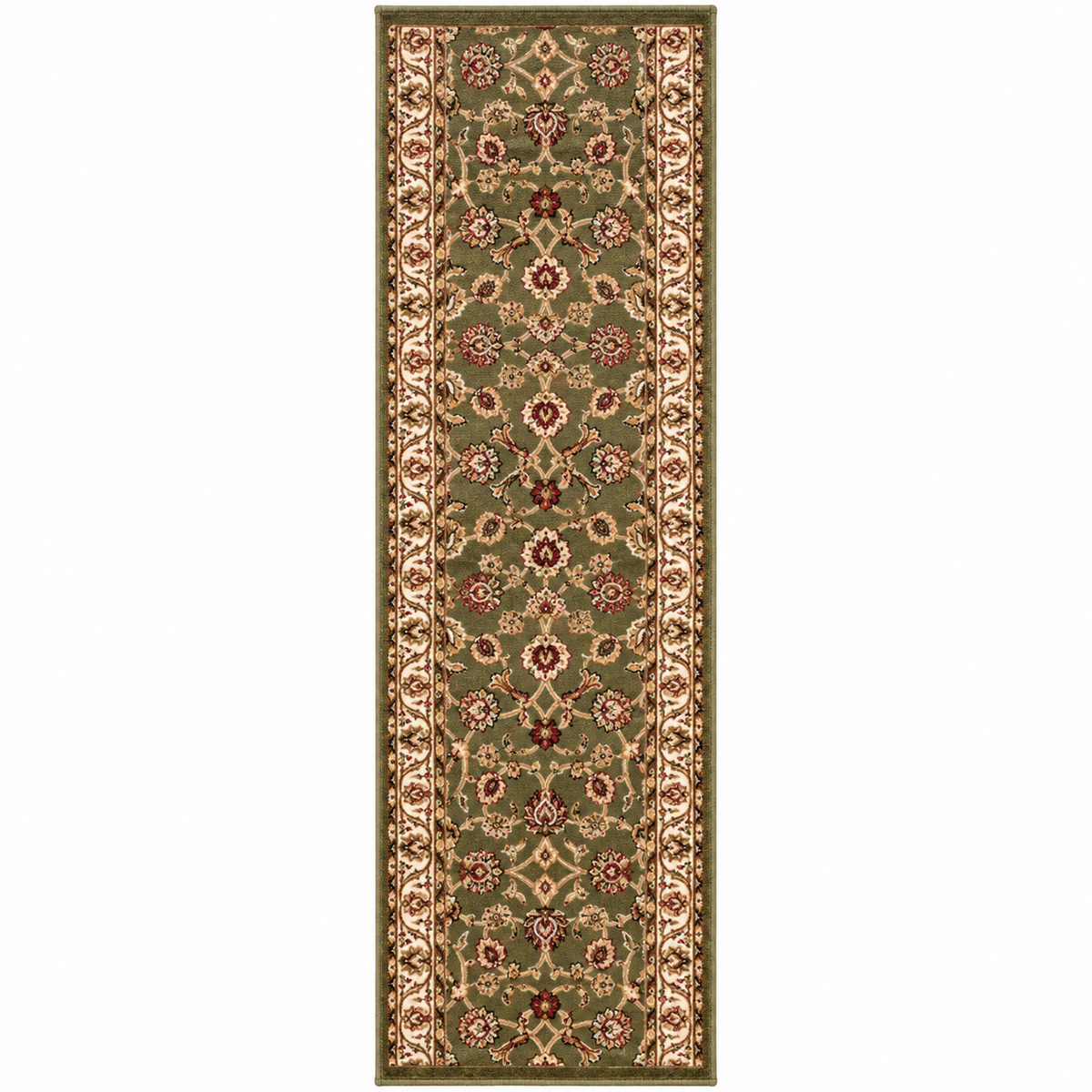 A long rectangular area rug with an ornate traditional floral pattern in olive green, beige, and rust red, shown flat against a white background.