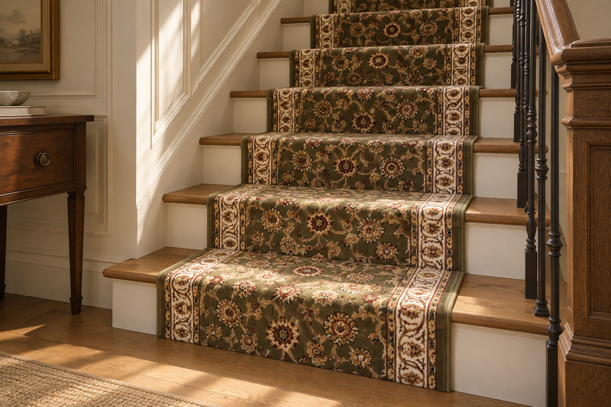 A set of traditional patterned stair carpet runners draped up a wooden staircase in a warmly lit home interior.