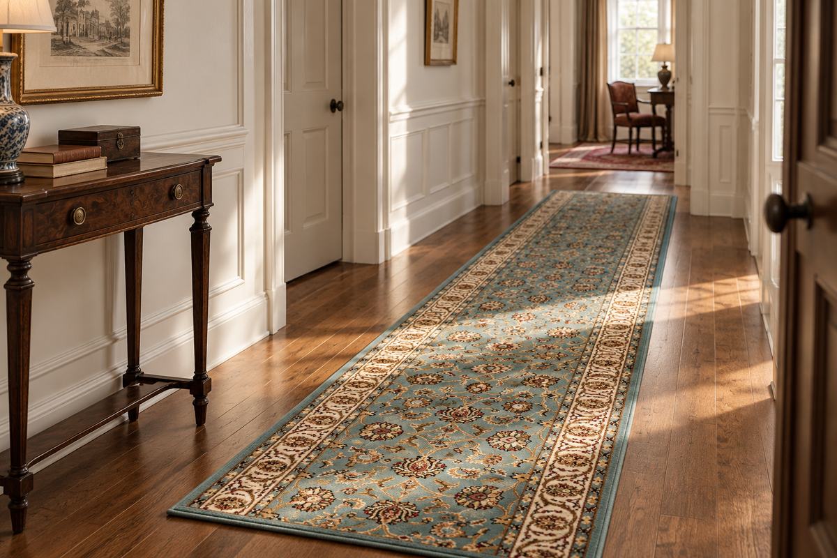 A long rectangular area rug with an ornate traditional pattern in blue, beige, and brown tones, shown on a hardwood hallway floor with sunlight streaming in from a window.
