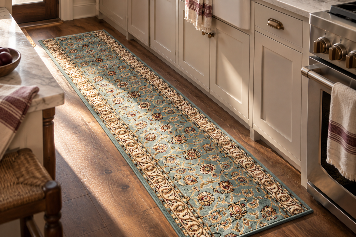 A long runner rug with a traditional floral pattern in shades of teal, beige, and brown, laid out on a hardwood kitchen floor between white cabinets and a stainless steel stove.
