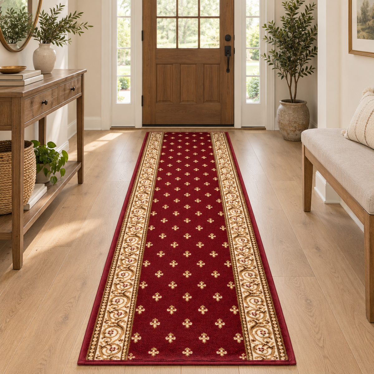A long runner rug in deep red with a beige and gold floral pattern, shown on a light wood floor in a bright entryway leading to a wooden front door.