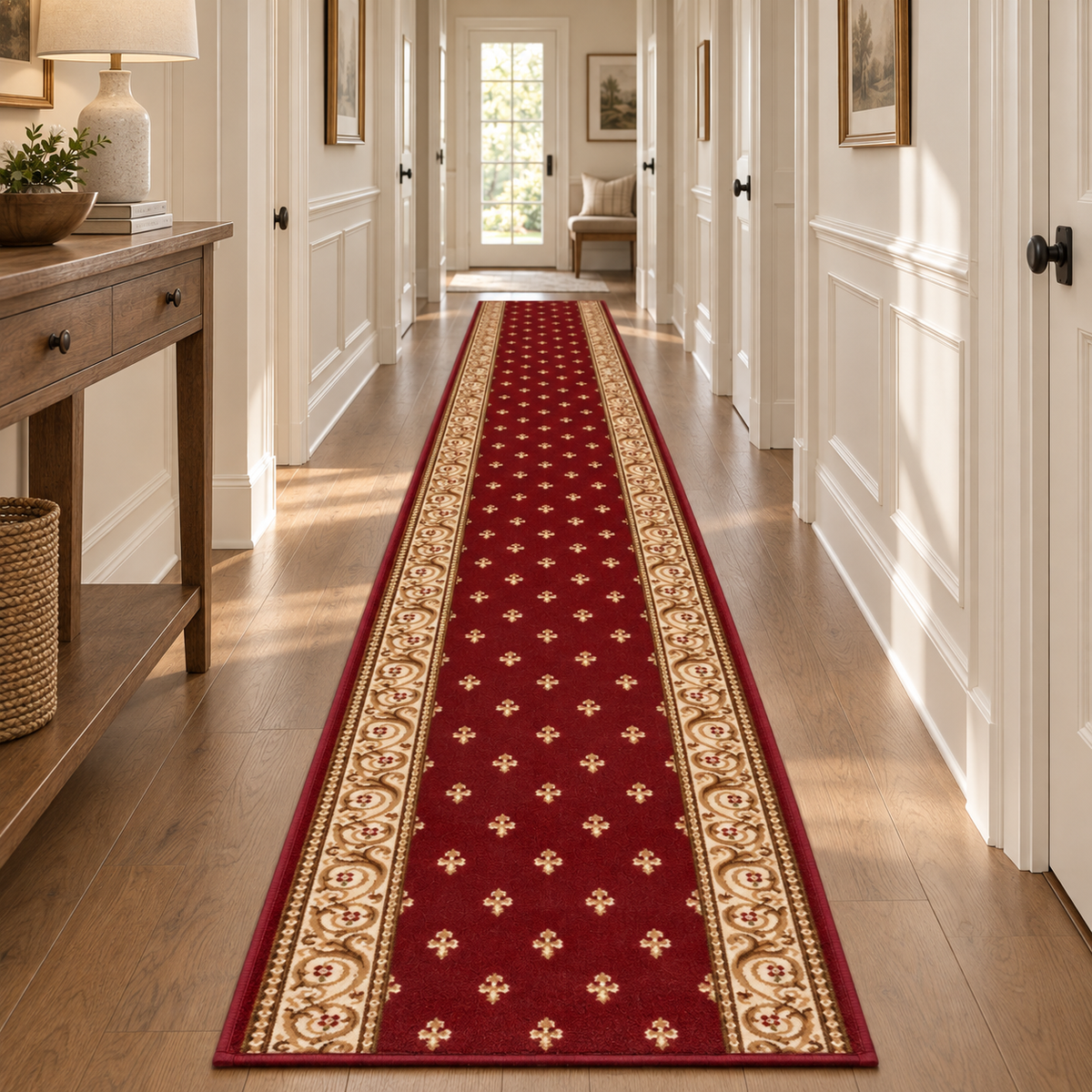 A long runner rug with a deep red center and ornate beige and gold patterned borders, shown on a hardwood floor in a bright, white-walled hallway.