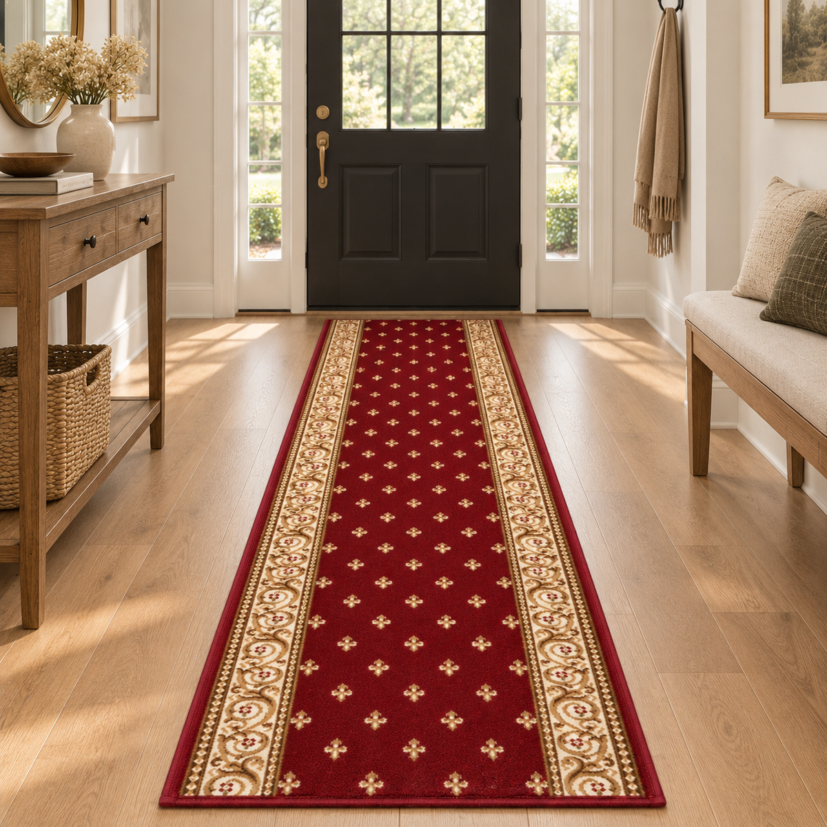 A long rectangular runner rug with a deep red center field, decorated with small repeating gold fleur-de-lis motifs and ornate gold side borders, shown flat against a white background.