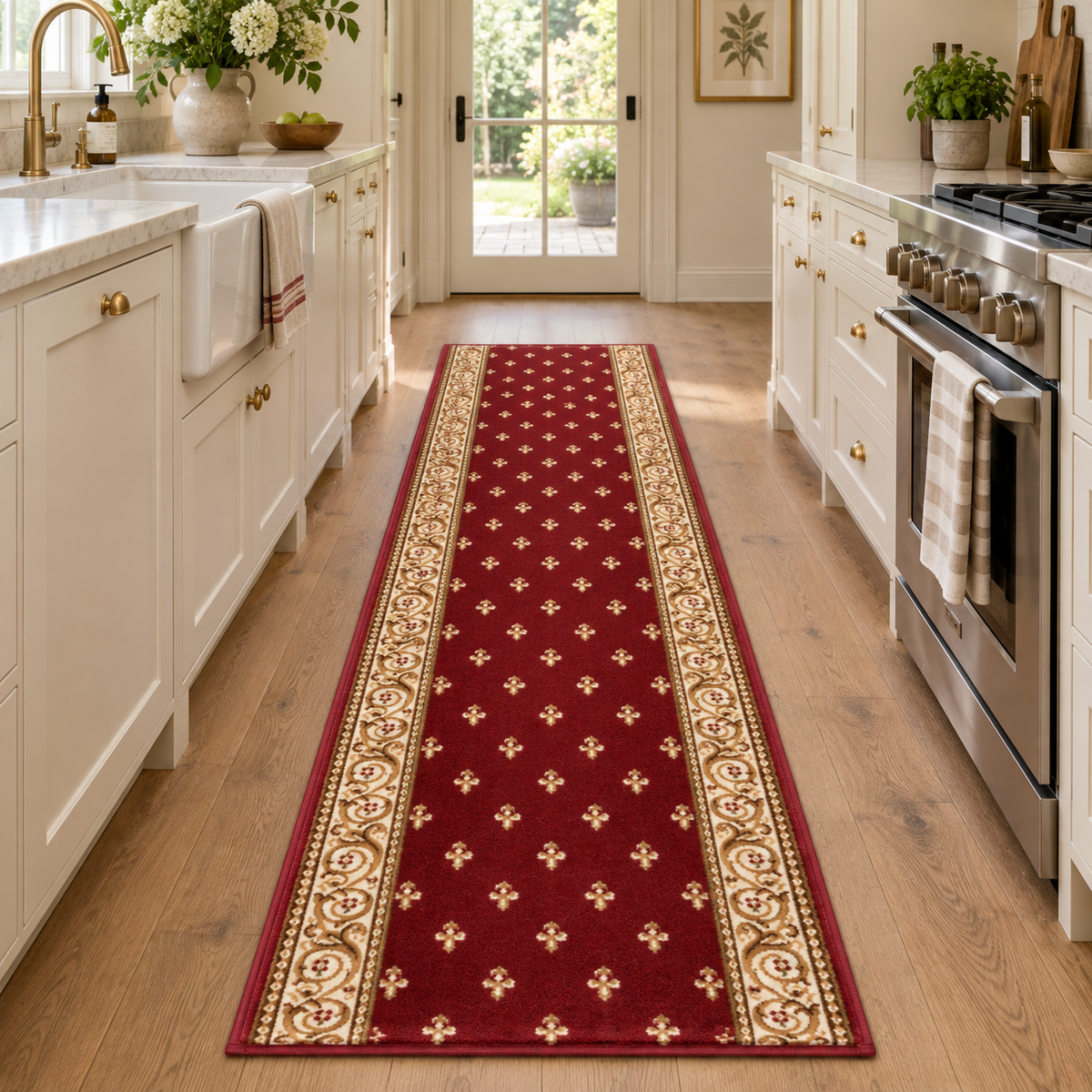 A long runner rug in deep red with ornate gold and beige floral borders and repeating fleur-de-lis motifs, shown placed on a wood floor in a bright white kitchen.