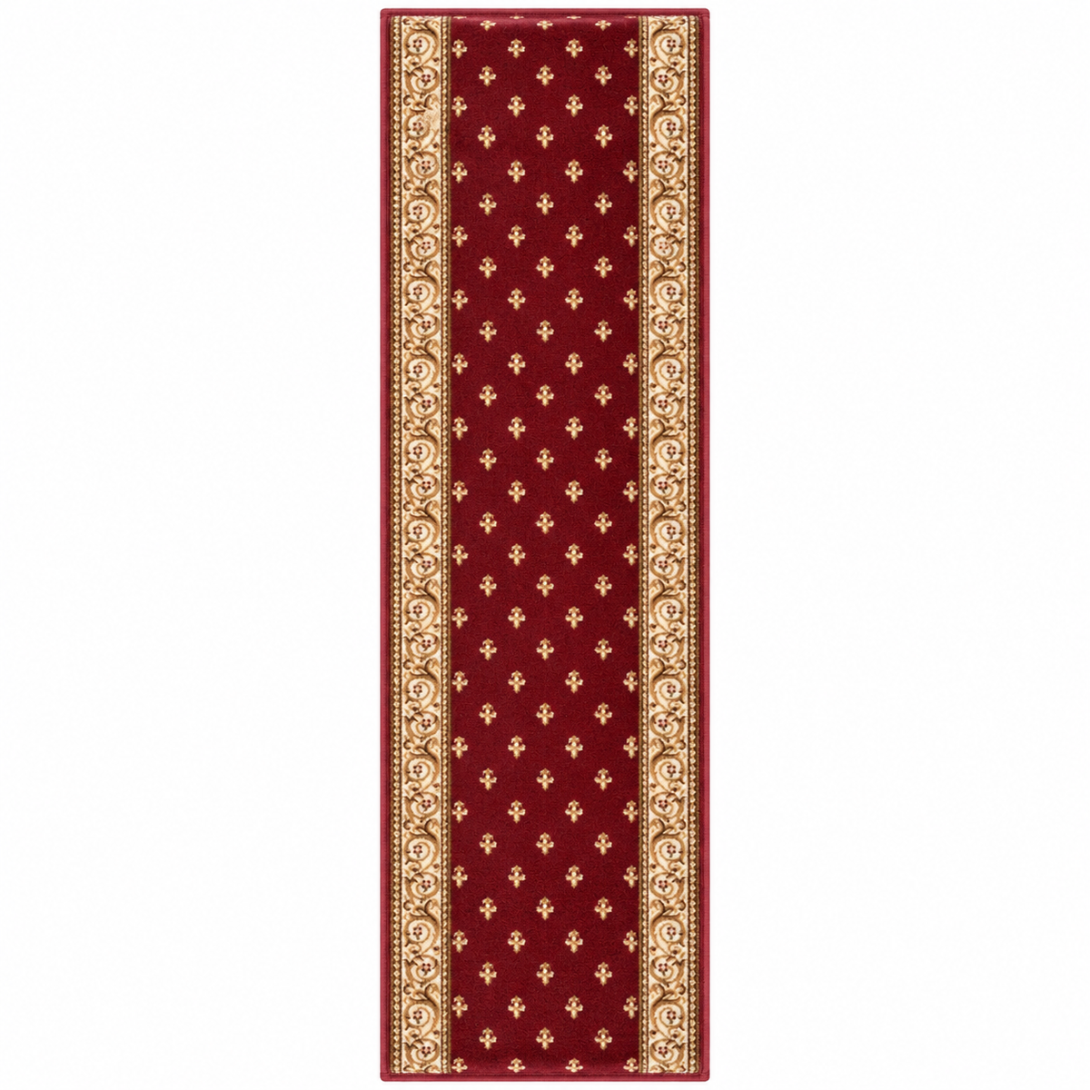 A long rectangular runner rug with a deep red center field, decorated with small repeating gold fleur-de-lis motifs and ornate gold side borders, shown flat against a white background.