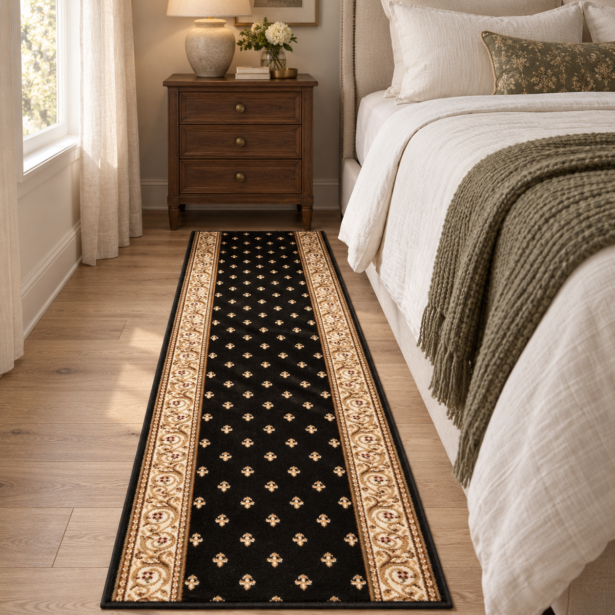 A long runner rug with a black center and ornate beige border, styled on a light wood floor in a bedroom next to a bed and nightstand.