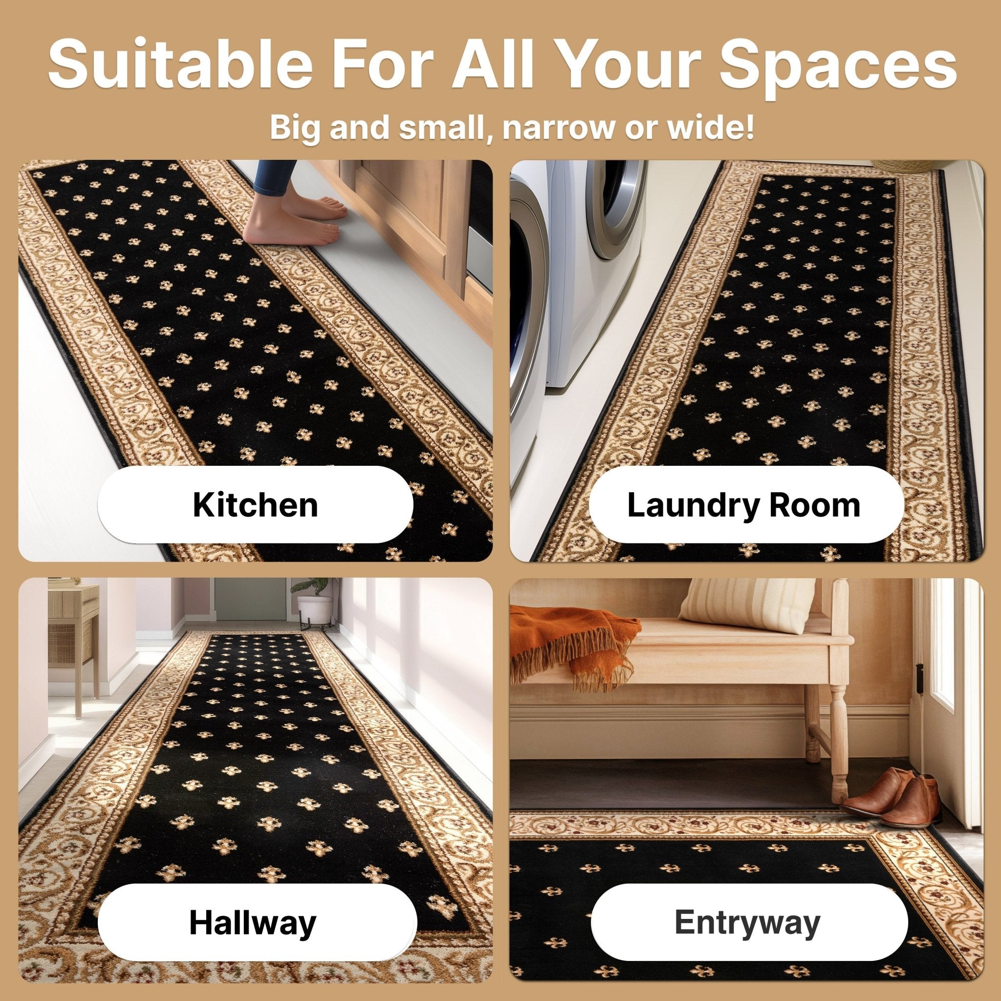 Custom Size Hallway & Stair Runner Fleur de Lis Traditional Black 27 Inch Wide x Choose Your Custom Length Runner Rug Well Woven