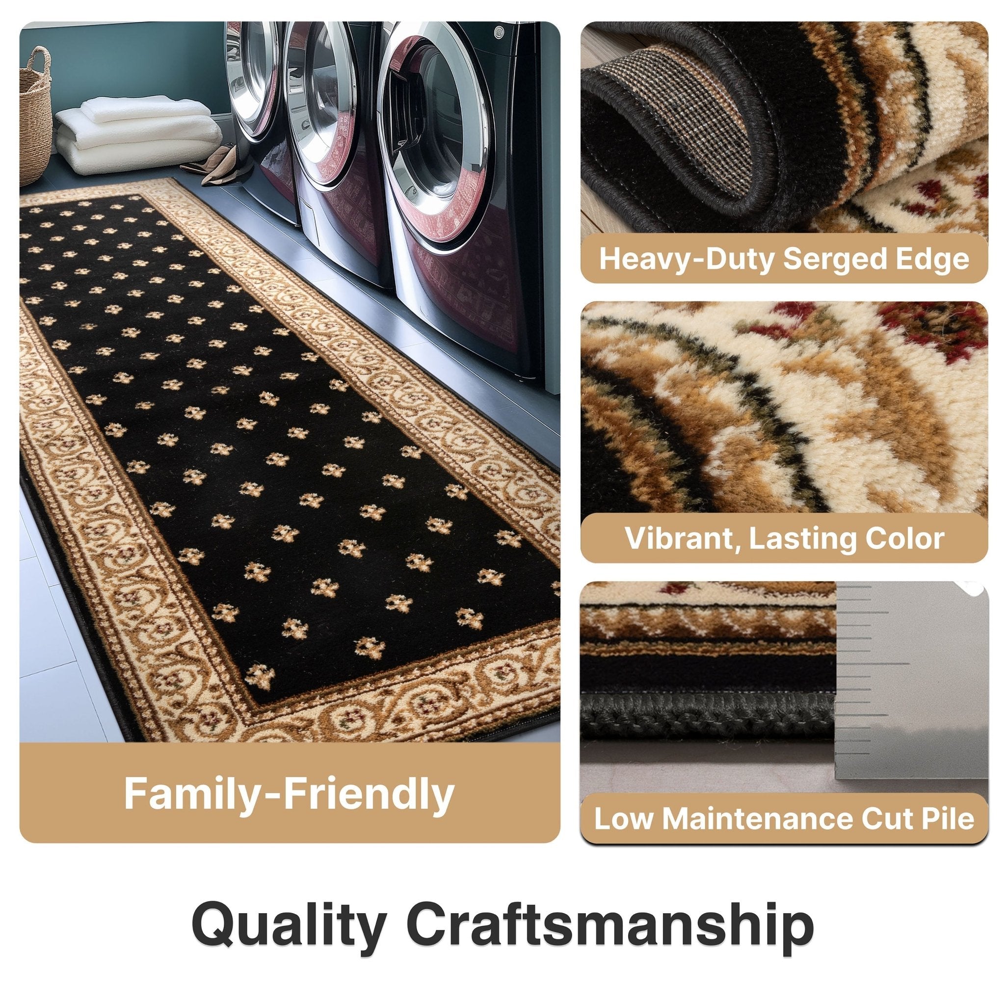 Custom Size Hallway & Stair Runner Fleur de Lis Traditional Black 27 Inch Wide x Choose Your Custom Length Runner Rug Well Woven