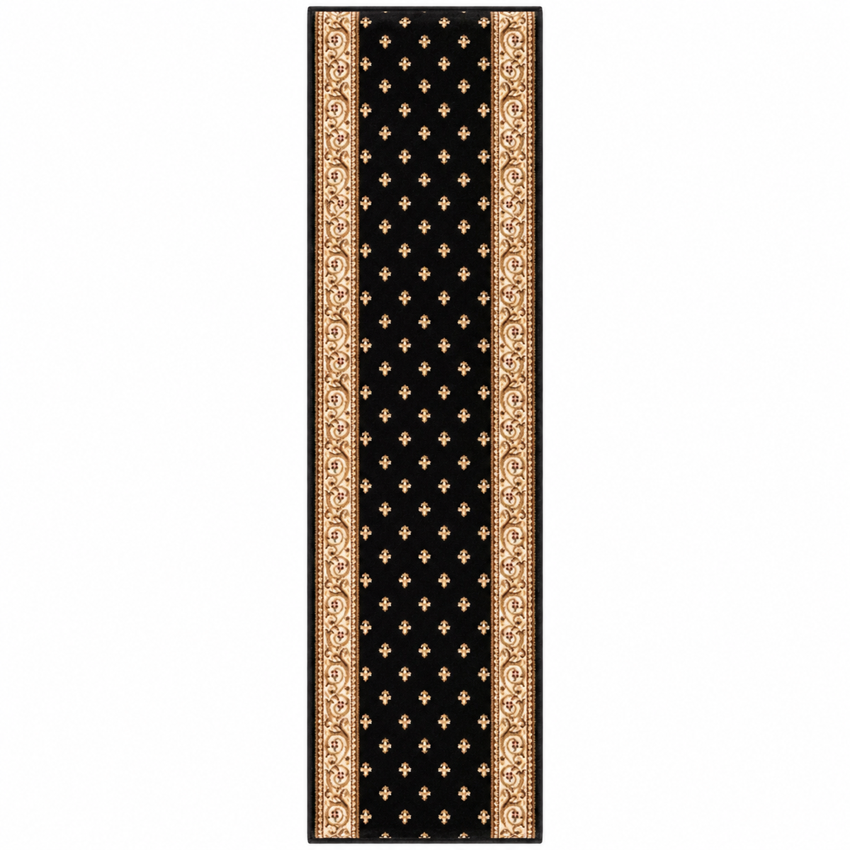 A long rectangular runner rug with a black center field decorated with small gold fleur-de-lis motifs, framed by ornate gold and beige scrollwork borders on a white background.