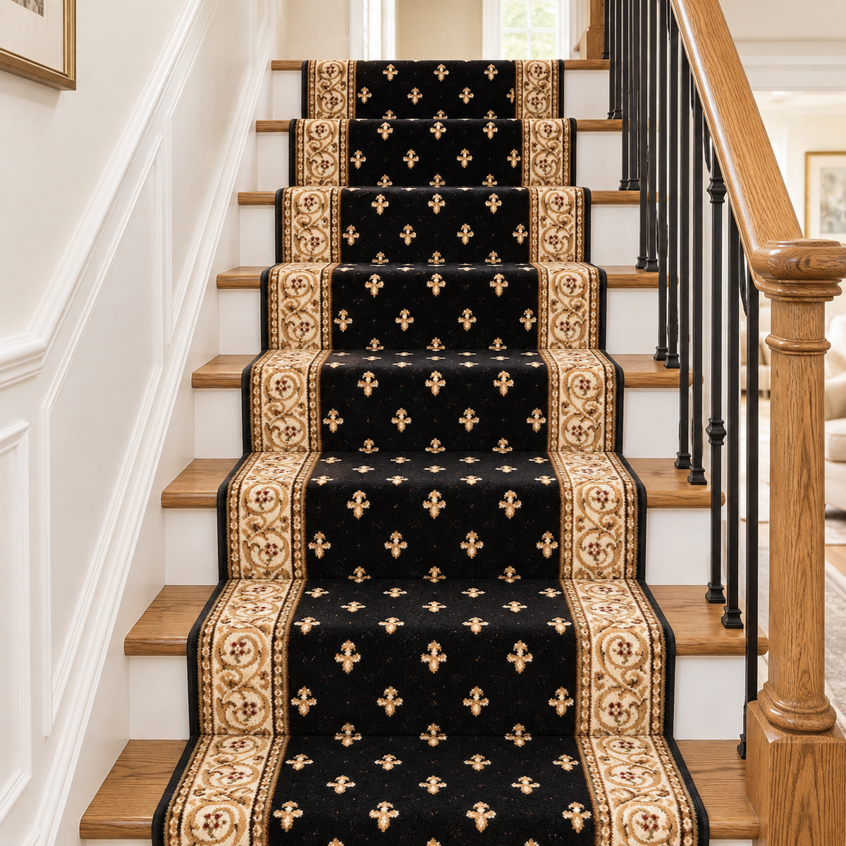 A black stair runner with gold fleur-de-lis motifs and ornate gold side borders, installed on a wooden staircase with white walls and black metal balusters.