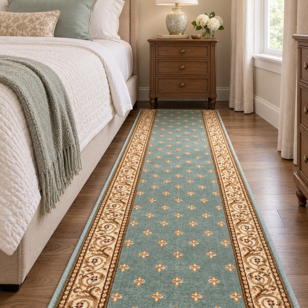 A long runner rug in a bedroom setting, featuring a dusty teal center with small floral motifs and ornate beige and brown borders, shown on a hardwood floor between a bed and a wooden nightstand.
