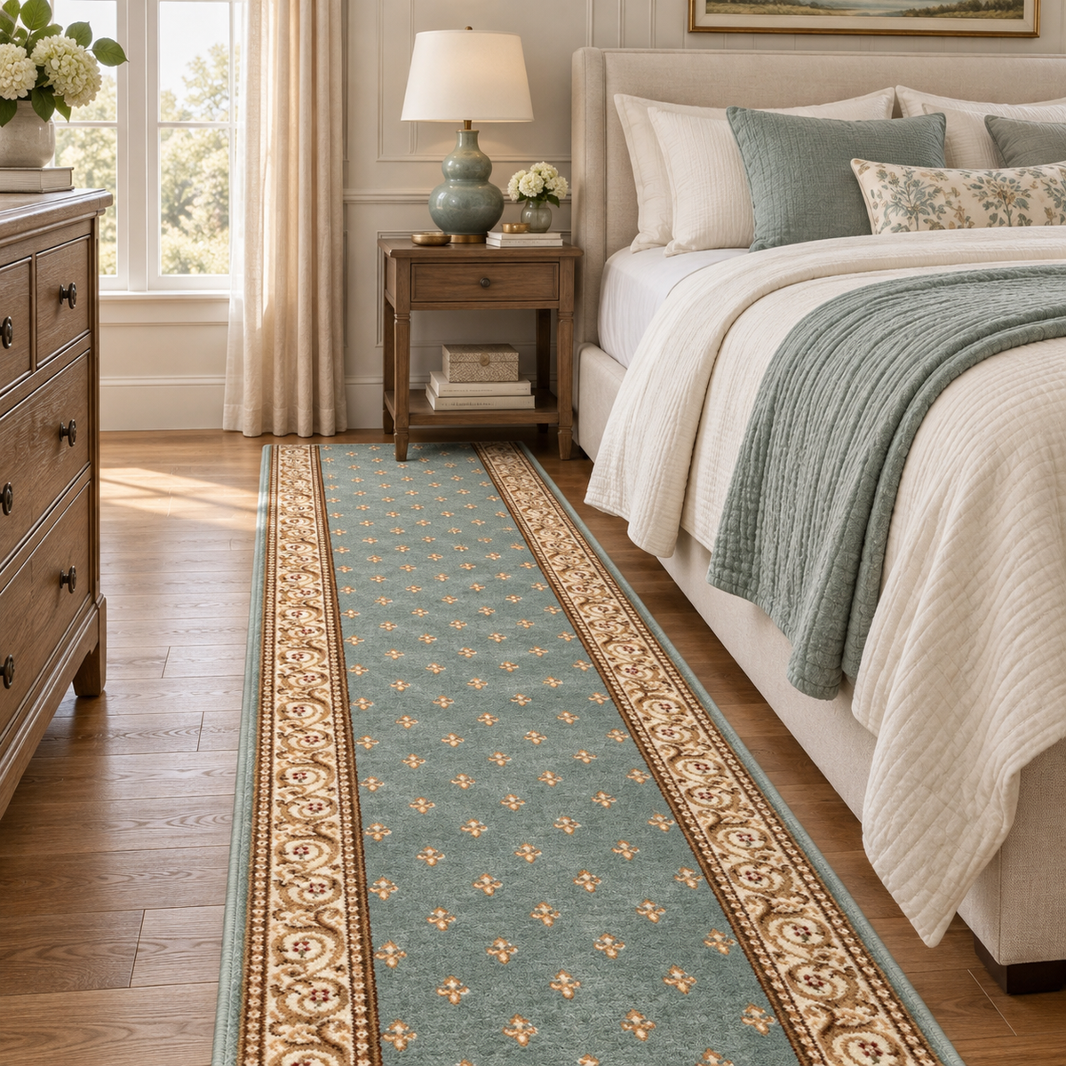 A long runner rug in a bedroom setting, featuring a dusty teal center with small floral motifs and a wide beige and brown ornate border, placed on a wooden floor between a bed and a wooden dresser.