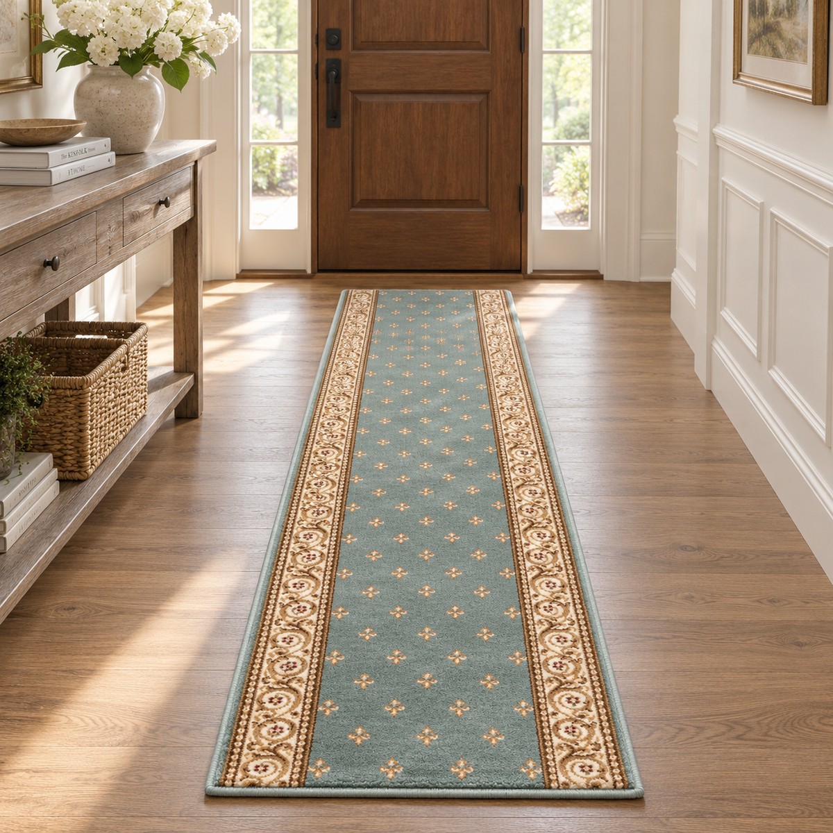 A long runner rug with a dusty teal center and ornate beige borders, displayed on a hardwood floor in a bright entryway leading to a wooden door.
