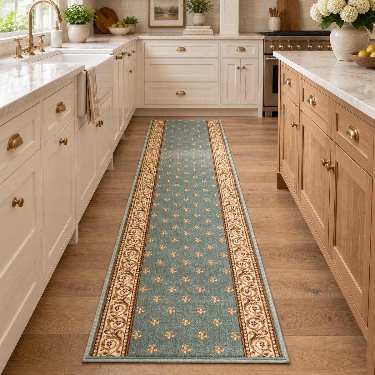 A long runner rug in a teal blue-green color with beige and gold ornamental borders and floral motifs, shown on a light wood kitchen floor between white and light wood cabinets.