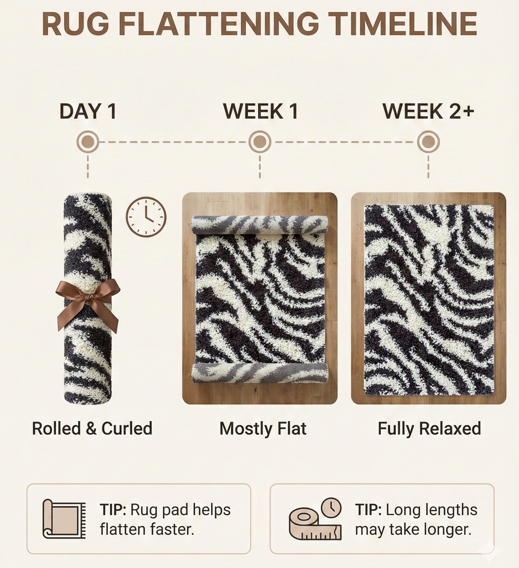 7033 - Diagram showing the rug flattening timeline with stages from rolled & curled to mostly flat and fully relaxed over days, weeks.