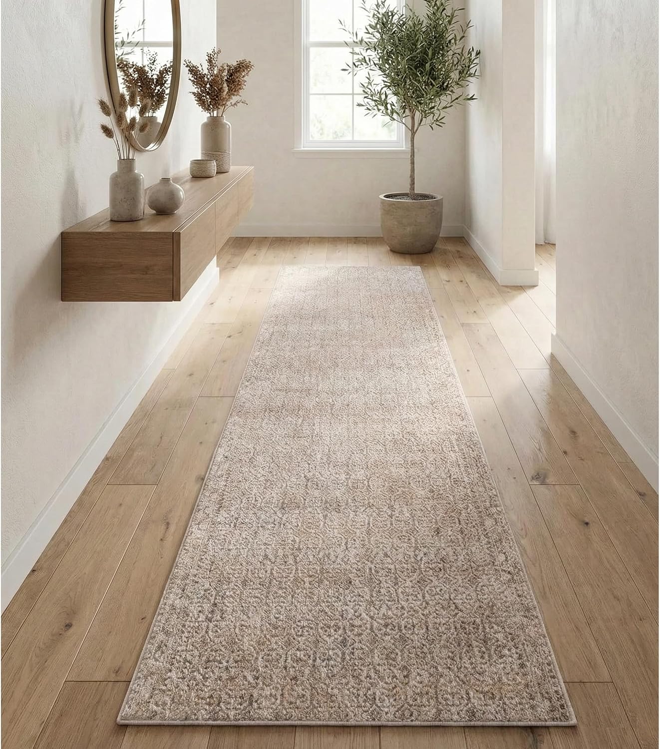 Echo Beige custom runner styled in a neutral entryway