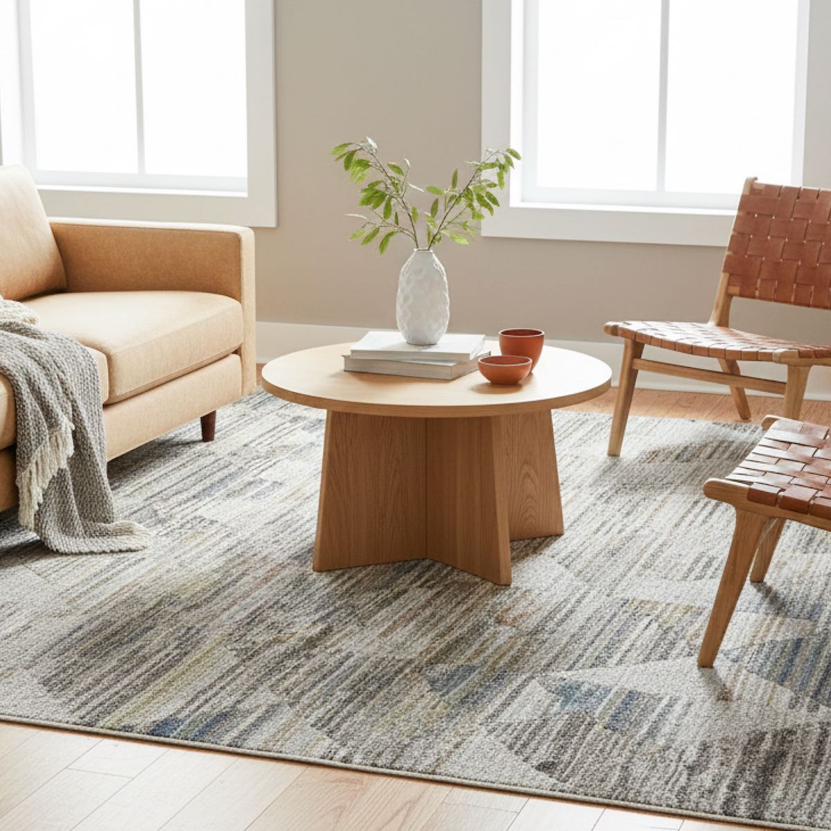 Living room with a round wooden coffee table, beige sofa, and wooden chairs on a patterned rug, the ELM-11 Well Woven Knoll Washable Area Rug.