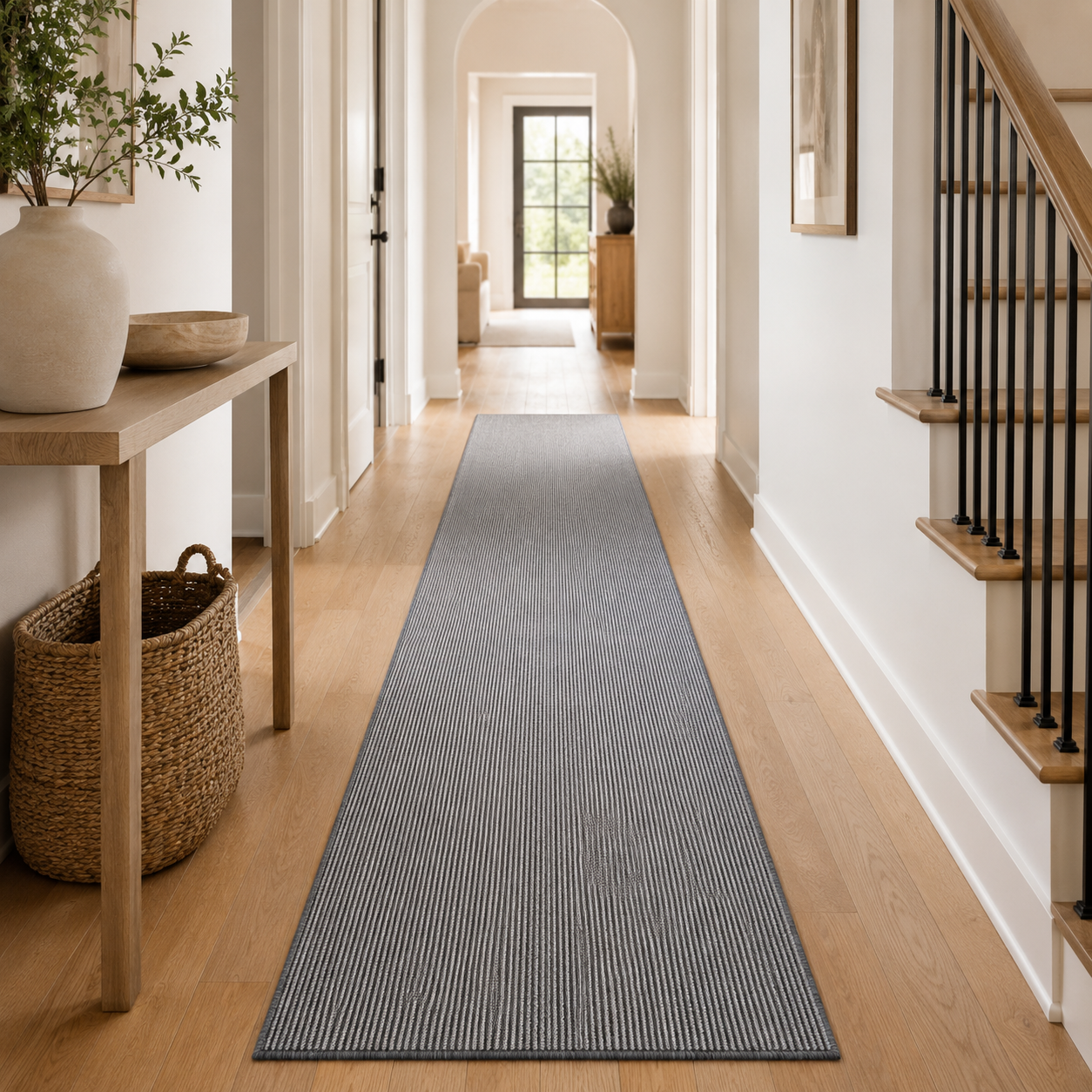 Essential Lane Slate runner rug styled in a hallway
