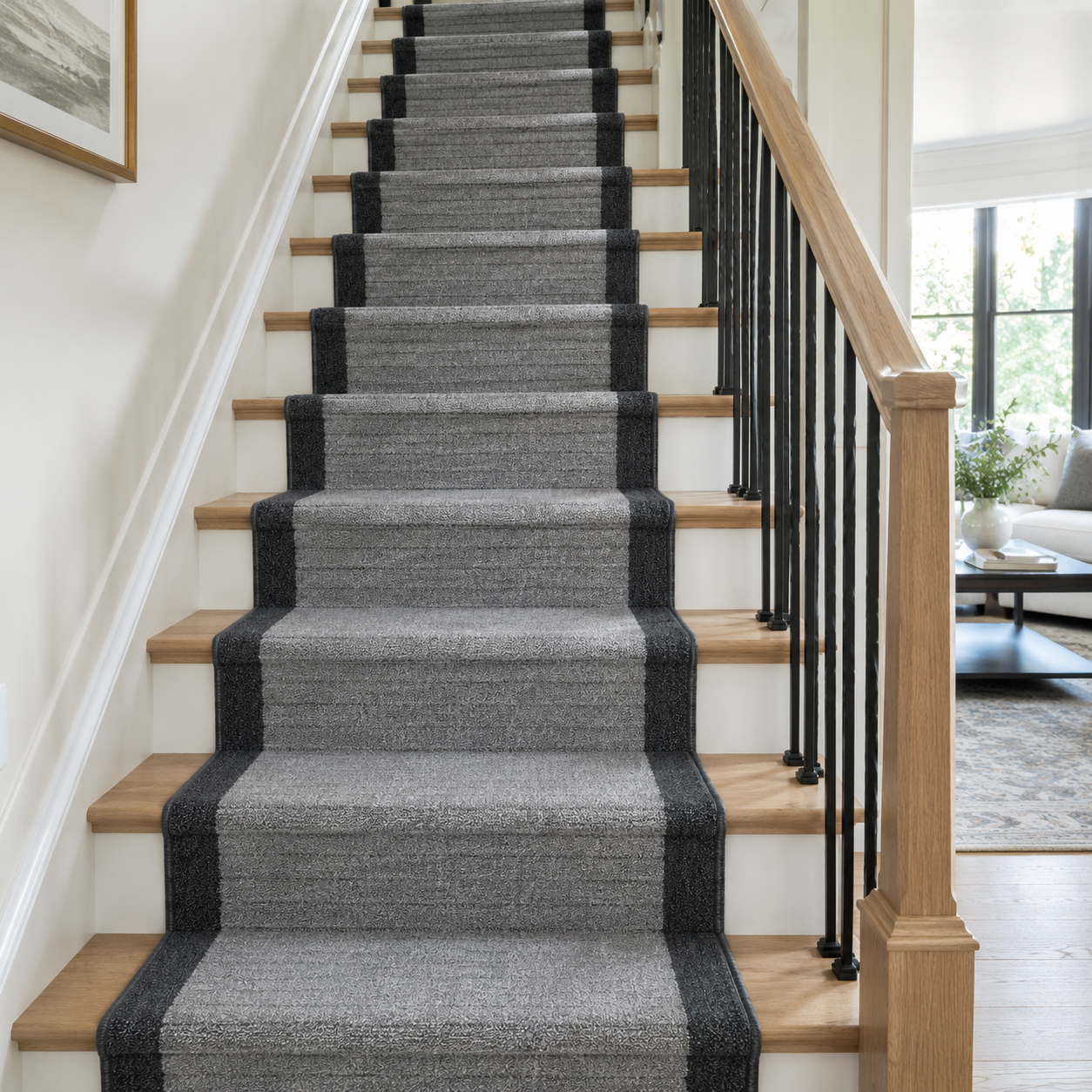 Essential Lane Graphite runner rug styled on stairs