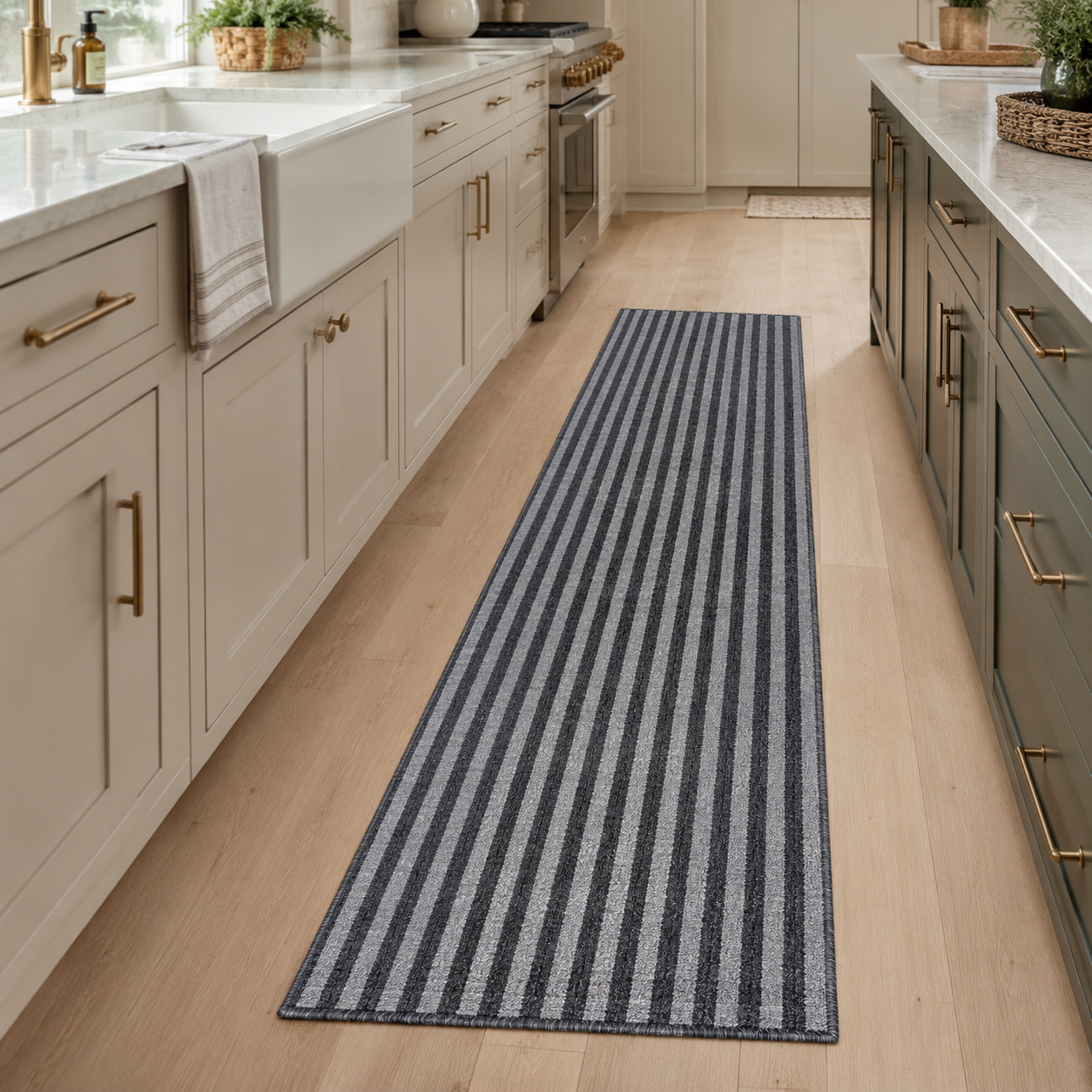 Essential Lane Flint runner rug styled in a kitchen