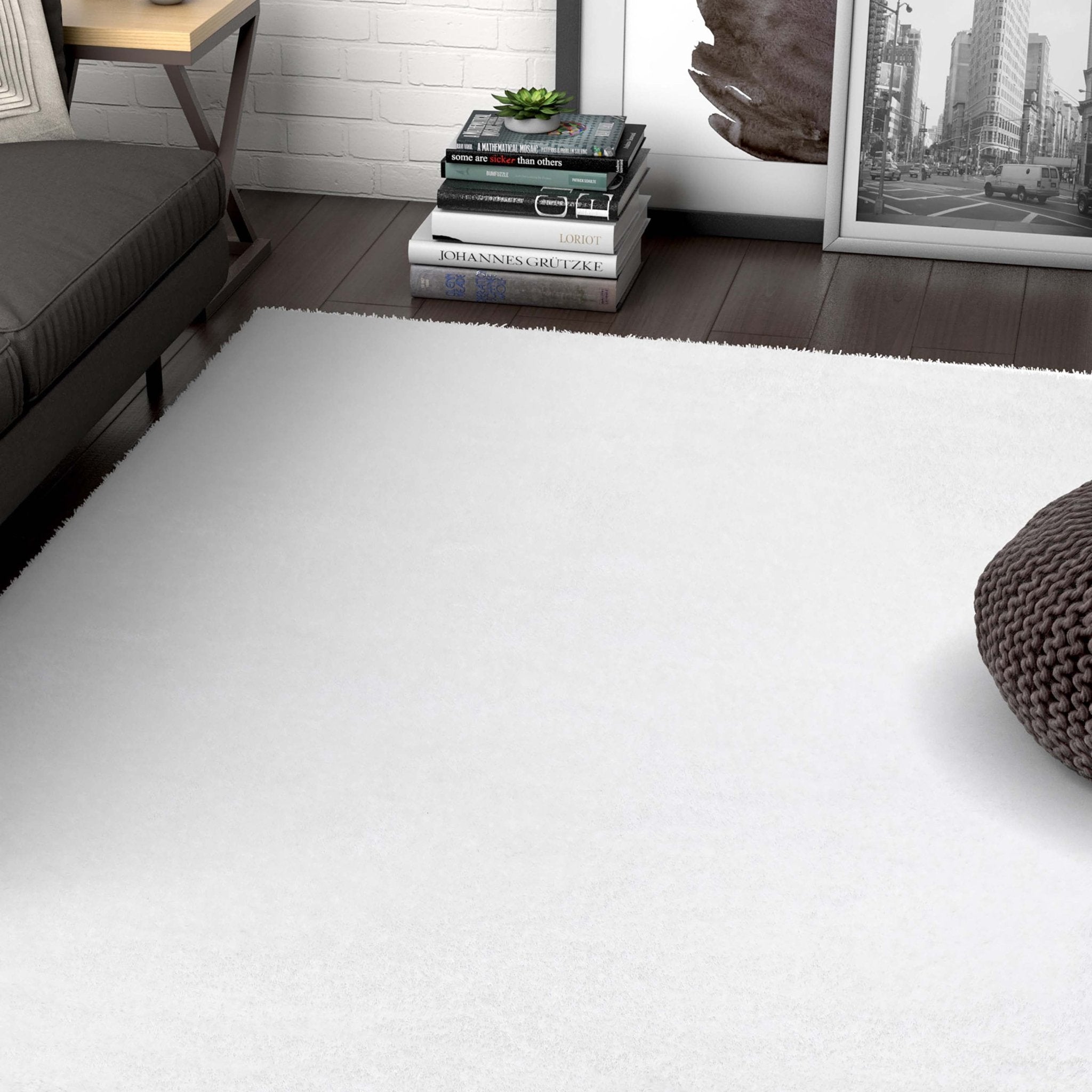 Feather Liza Made-to-Measure Soft-Luster Shag Rug — Powder White — styled room view