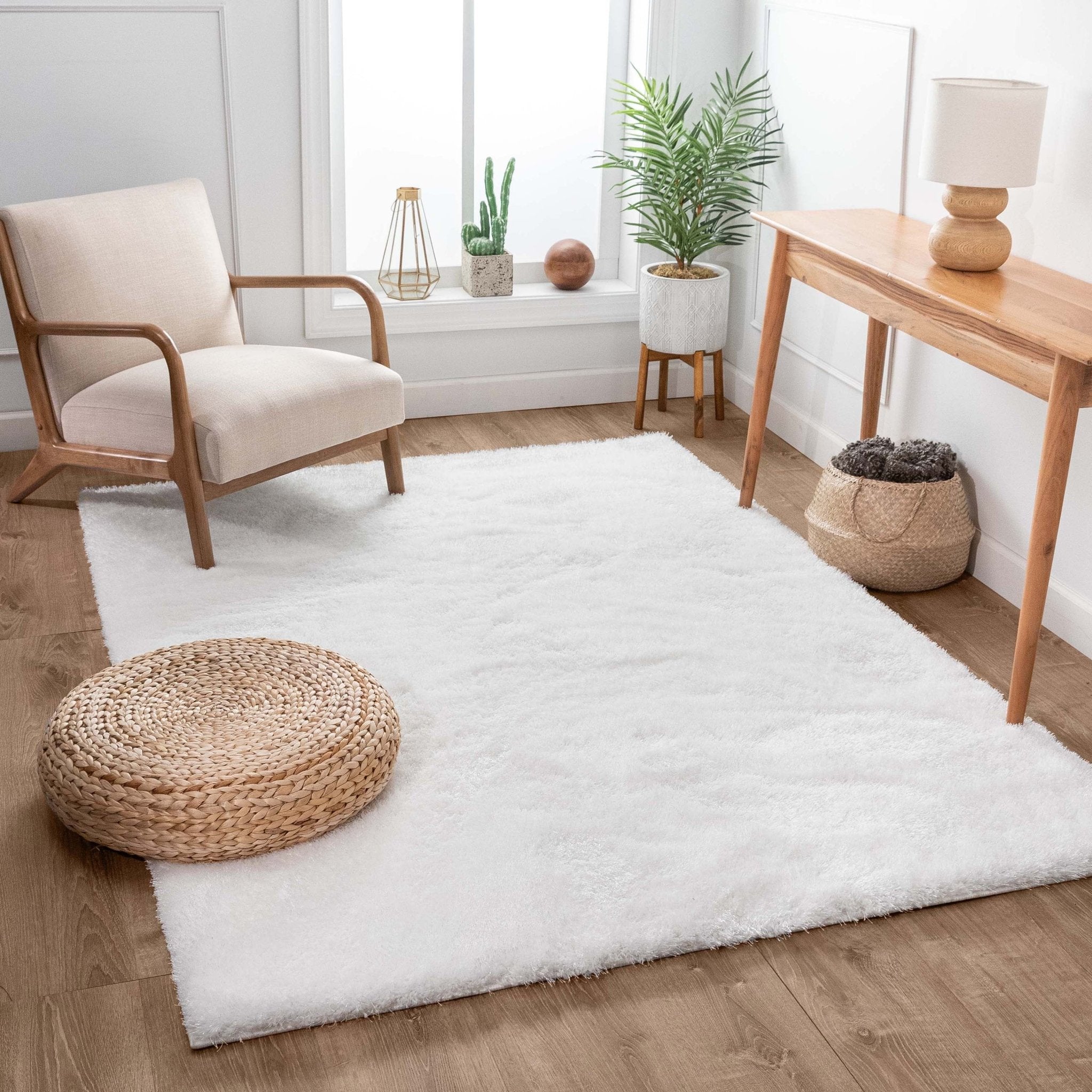 Feather Liza Made-to-Measure Soft-Luster Shag Rug — Powder White — Feather Collection Liza White Shag Rug – Sparkly, Plush, Minimalist Glam - Well Woven - white boho living room rug