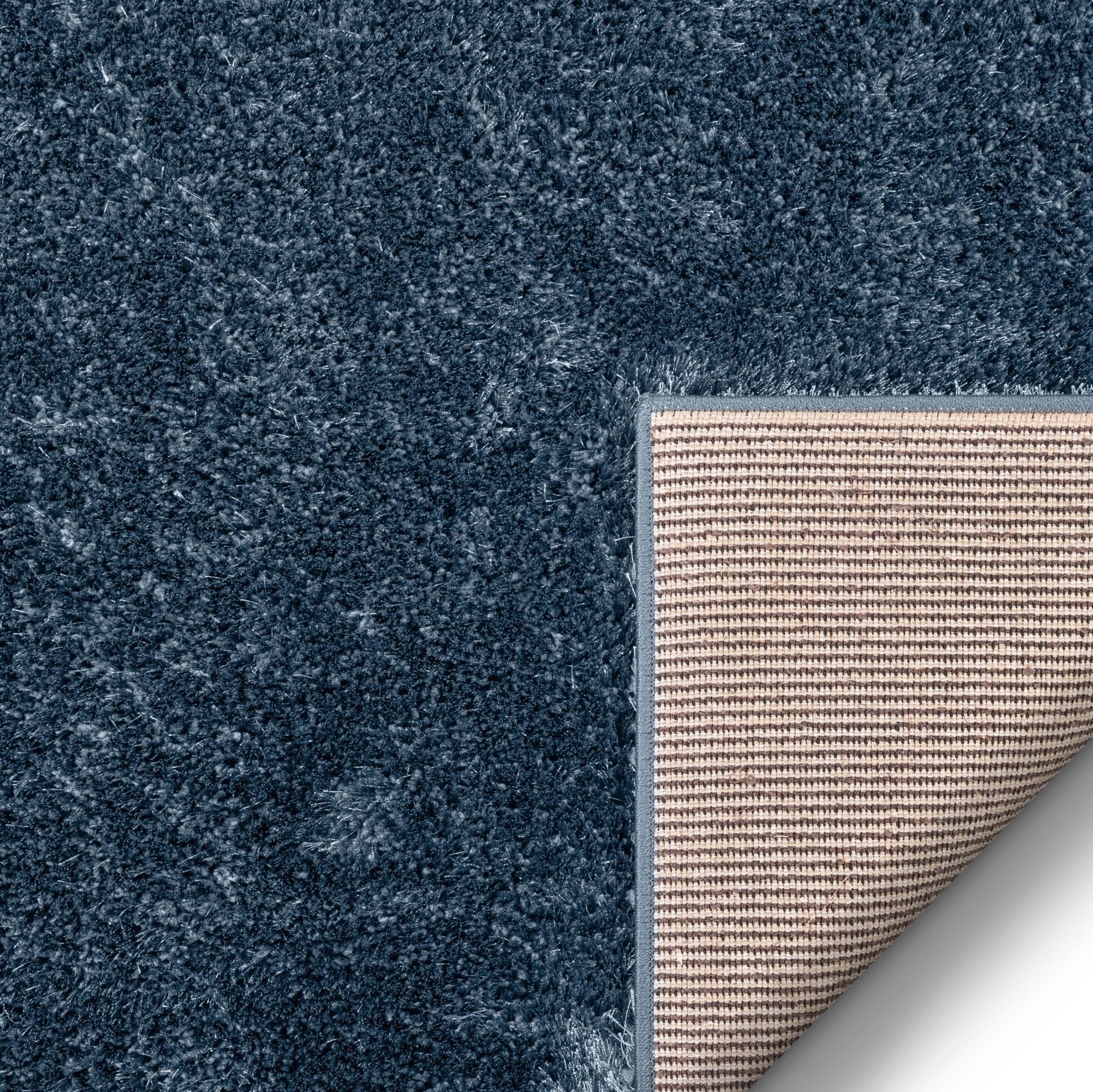 Feather Collection Liza Dark Blue Shag Rug – Sparkly, Plush, Minimalist Glam - Well Woven - Corner