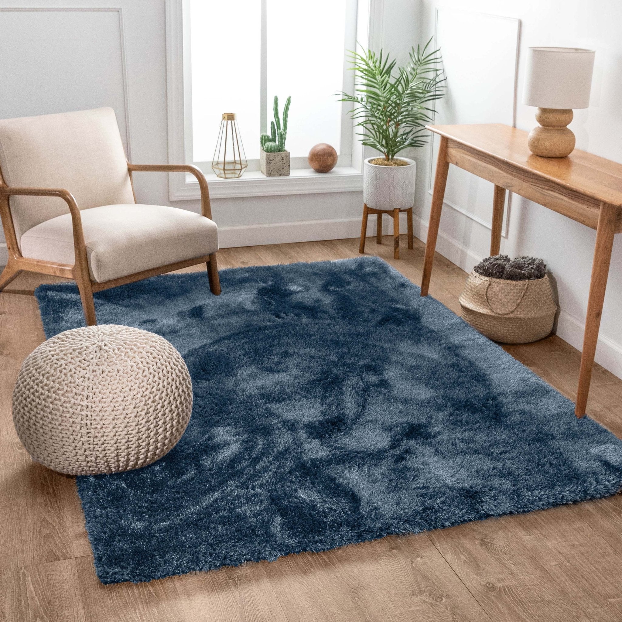 Feather Collection Liza Dark Blue Shag Rug – Sparkly, Plush, Minimalist Glam - Well Woven - Living Room