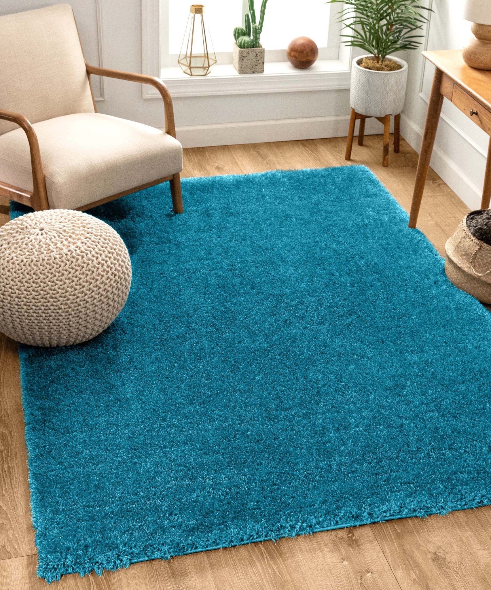 Feather Collection Liza Blue Shag Rug – Sparkly, Plush, Minimalist Glam - Well Woven - Teal living room rug