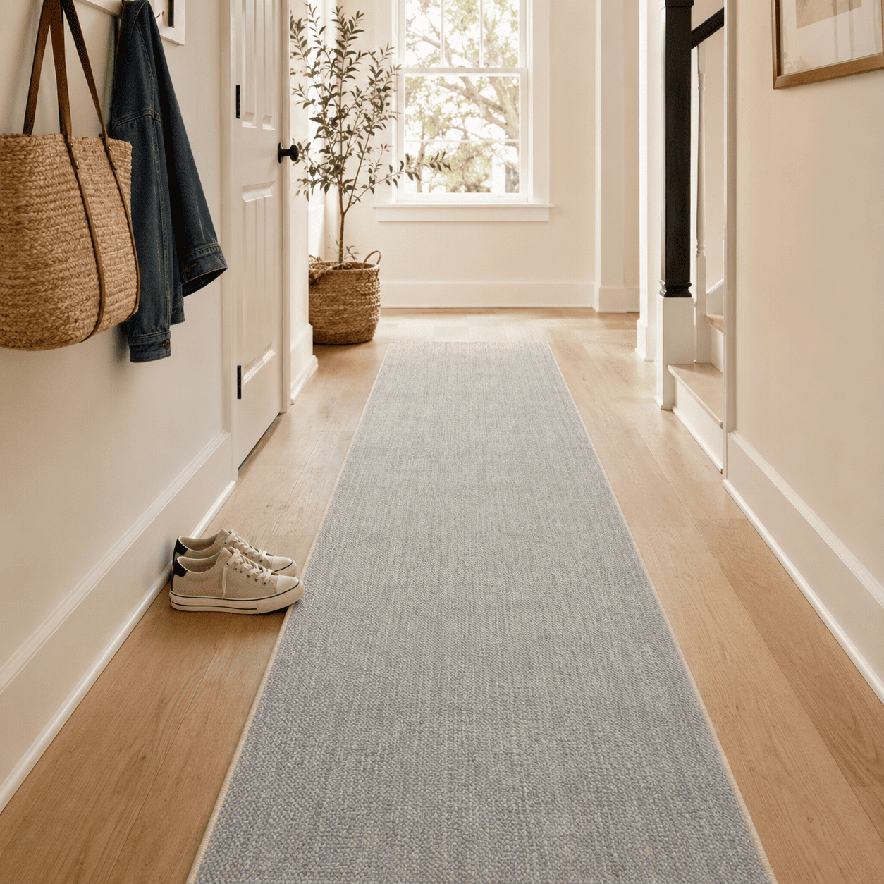 Long gray runner rug on a wooden floor with a door, shoes, and plant in the background.