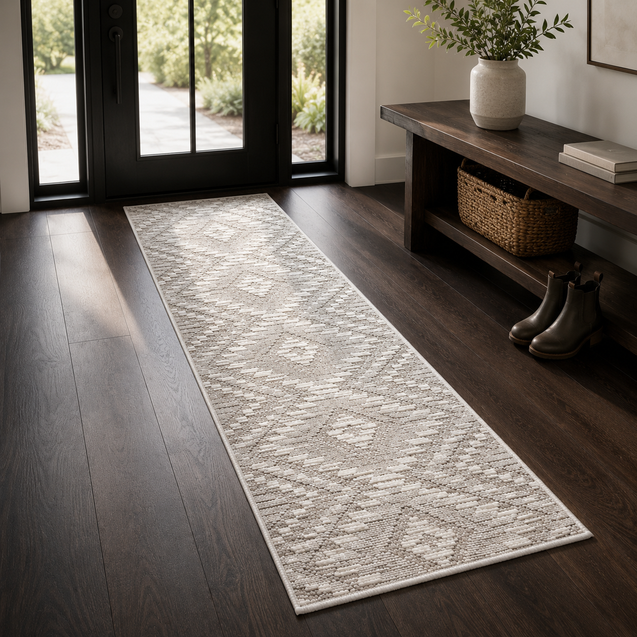 A long rectangular area rug with a textured geometric pattern in beige and off-white, placed on a dark wood floor in a modern entryway with a wooden bench and glass doors.