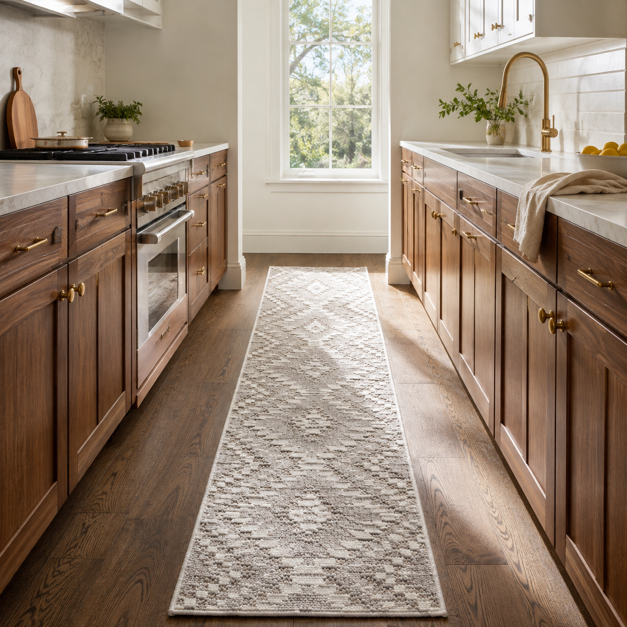 A long runner rug with a textured geometric pattern in beige and cream, laid out on a dark wood floor in a bright, modern kitchen.