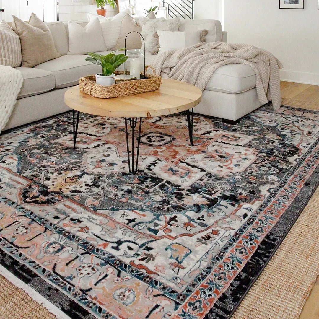 Minos Vintage Bohemian Oriental Floral Black Rug Well Woven