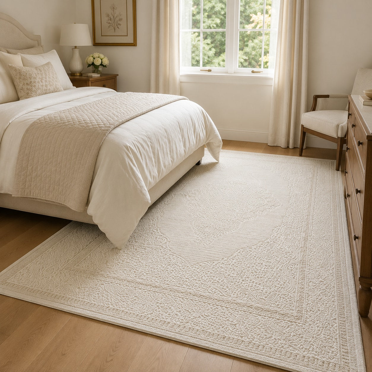 Lafayette Crest ivory and cream medallion area rug in a bedroom