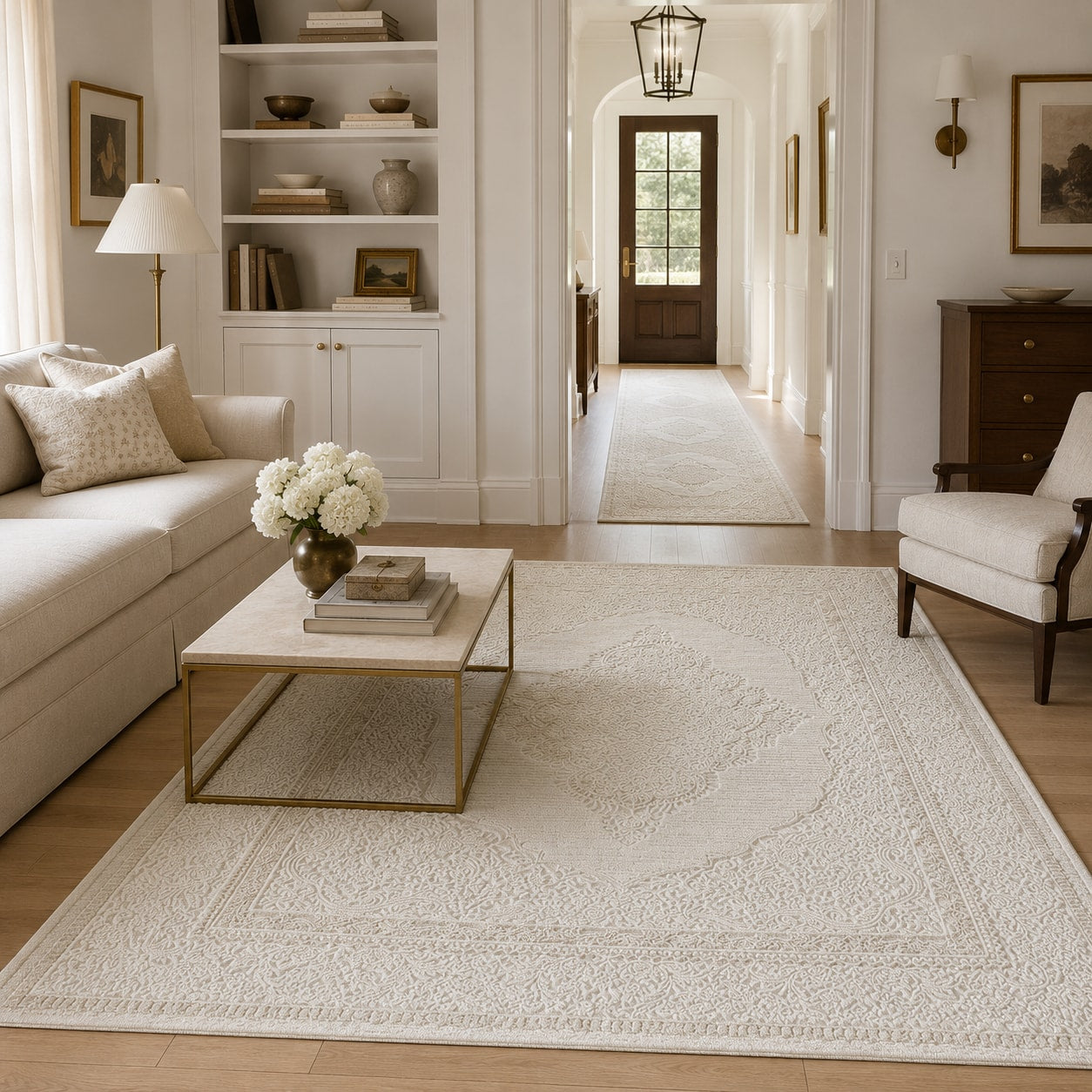Lafayette Crest ivory and cream medallion area rug with the matching runner in the hallway beyond
