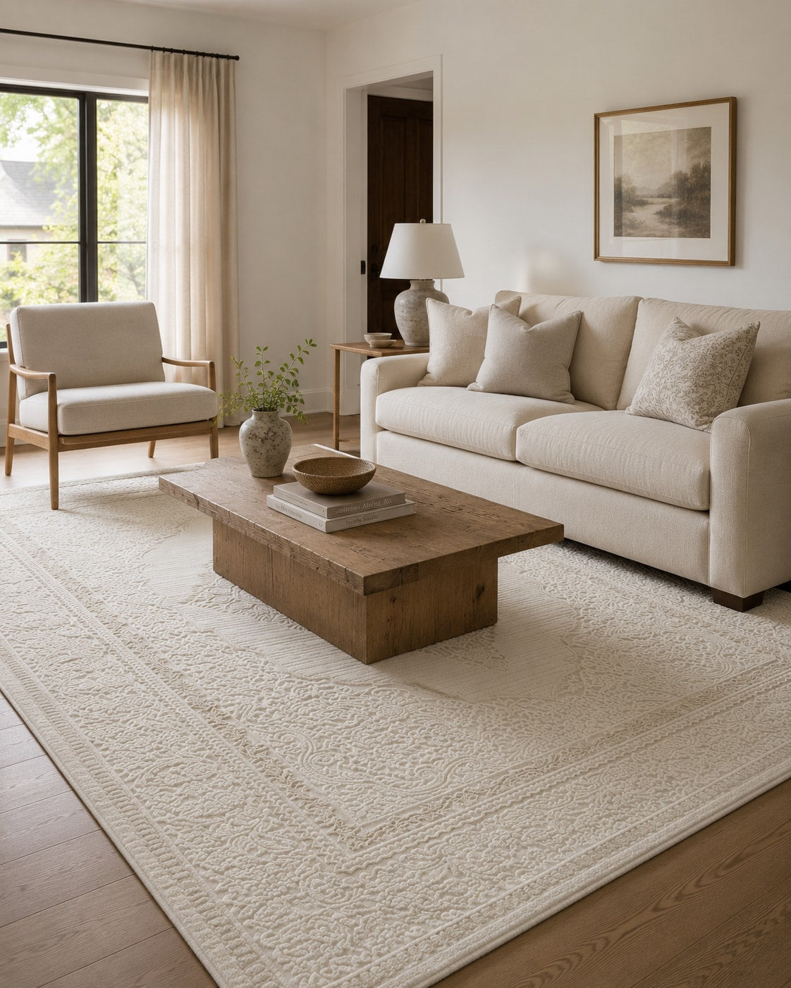 Lafayette Crest ivory and cream medallion area rug in a living room
