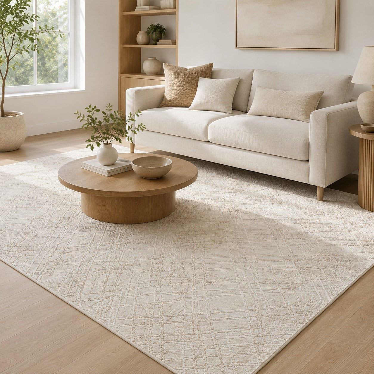 Lafayette Sterling cream and gold abstract area rug in a living room
