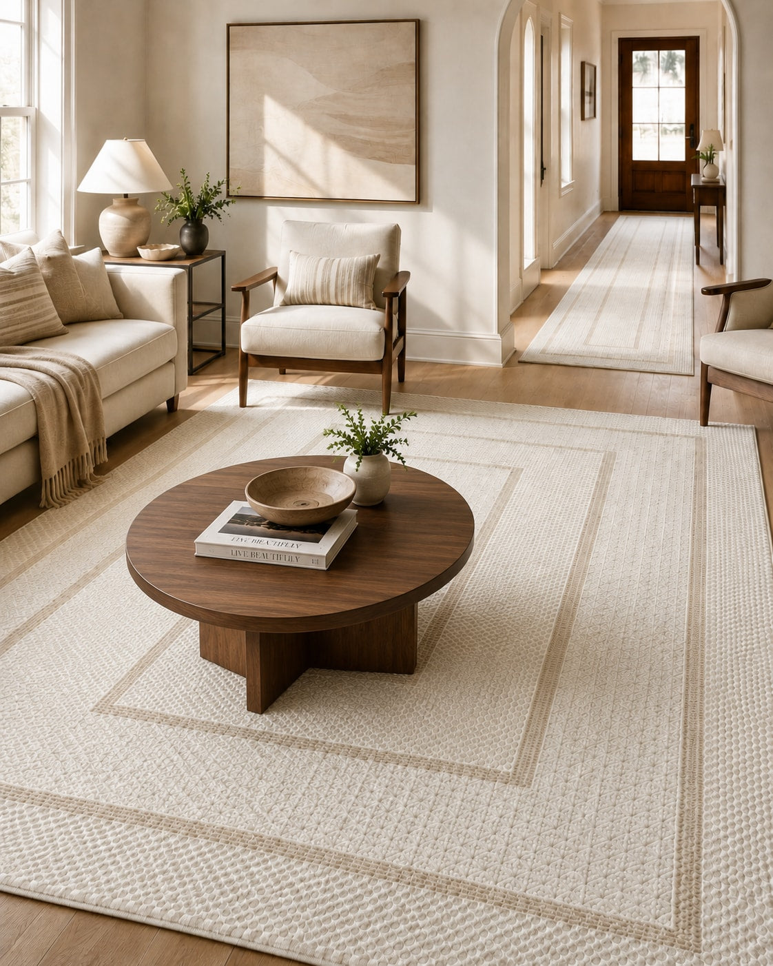 Lafayette Frame ivory and cream border area rug with the matching runner in the hallway beyond