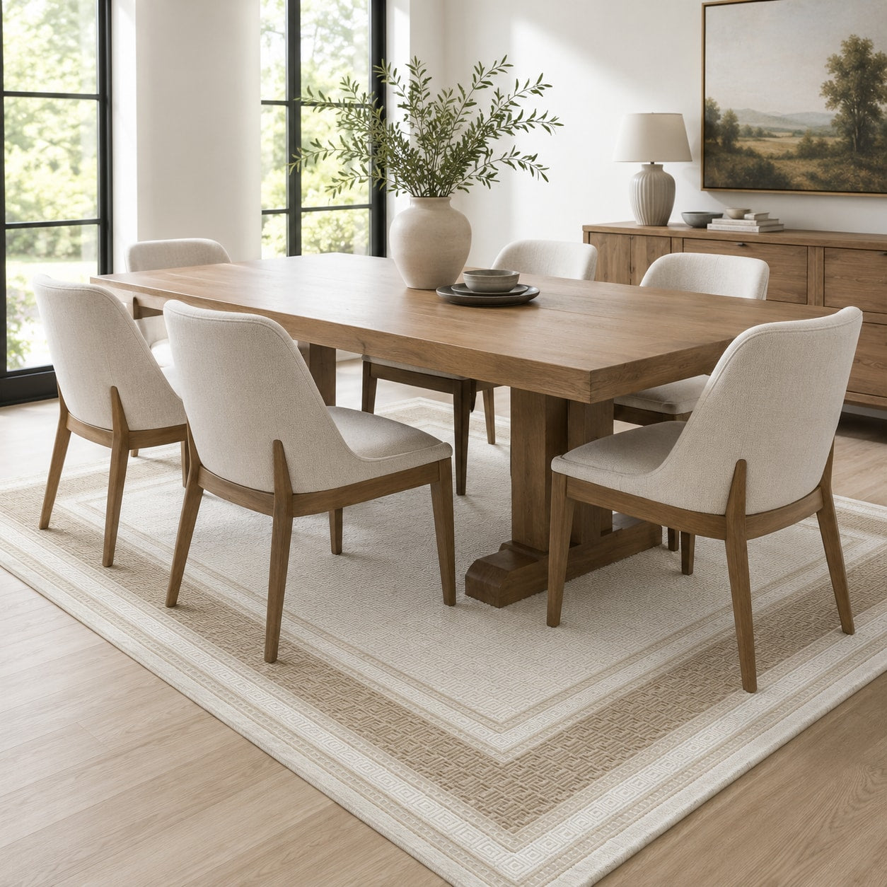 Lafayette Key cream and beige Greek key border area rug under a dining table